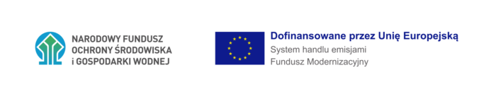 Na obrazie znajduje się logo Narodowego Funduszu Ochrony Środowiska i Gospodarki Wodnej oraz flaga Unii Europejskiej z napisem Dofinansowane przez Unię Europejską. System handlu emisjami Fundusz Modernizacyjny